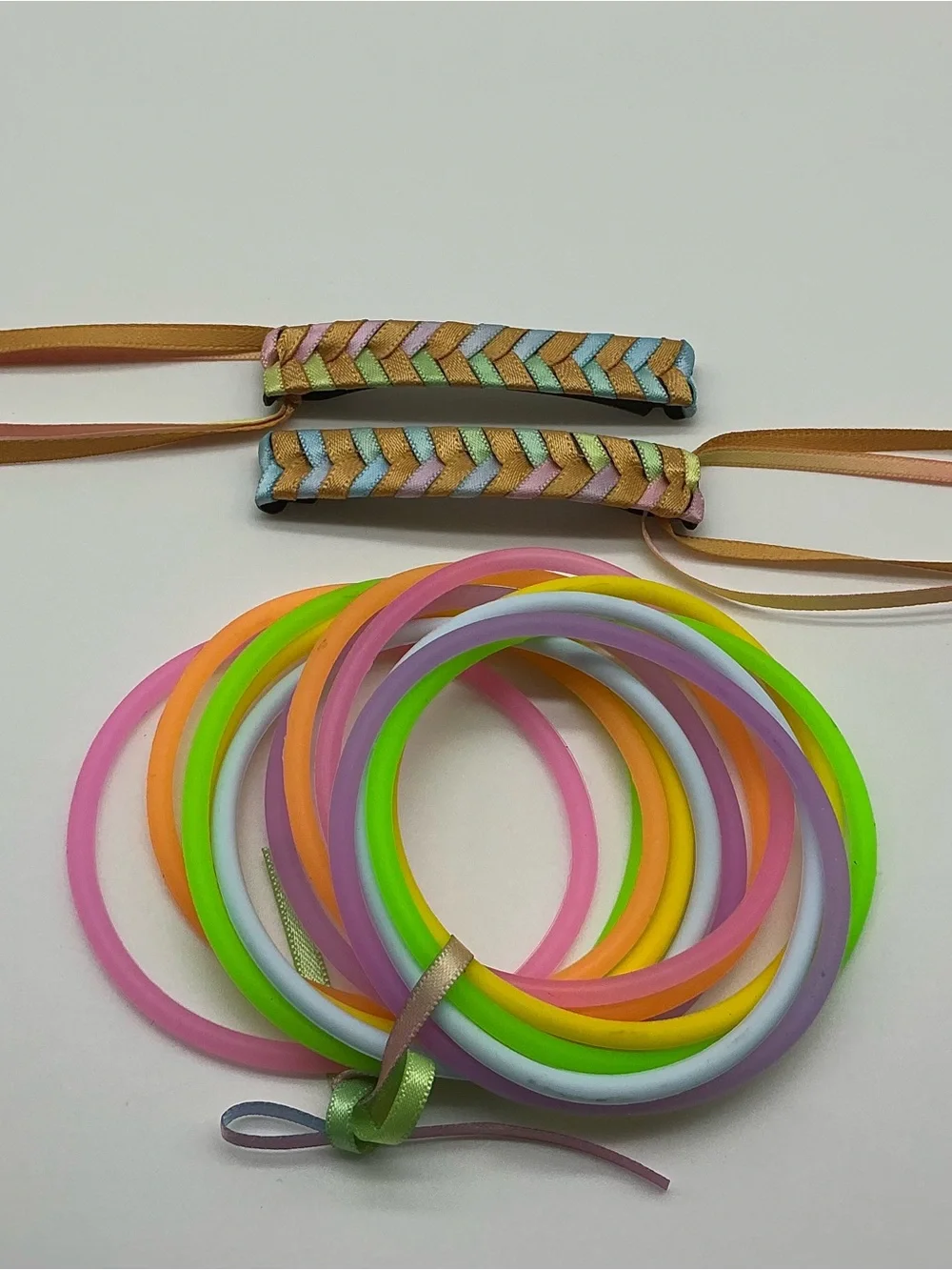 Gold and Pastel Rainbow 80s Barrettes & 12 Jelly Bracelets